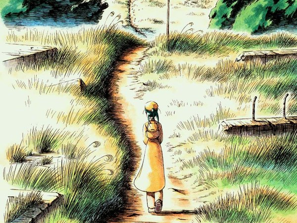 Anime picture 1280x960 with yokohama kaidashi kikou hatsuseno alpha ashinano hitoshi single short hair full body ponytail green hair from behind walking girl plant (plants) hat headdress cloak grass backpack road