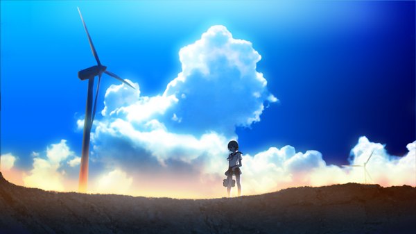 Anime picture 1600x900 with original jack (artist) single short hair wide image sky cloud (clouds) wind girl serafuku school bag wind turbine