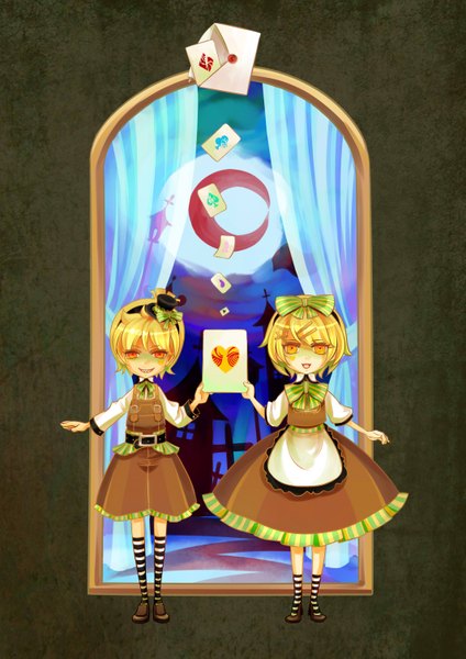 Anime picture 2129x3011 with vocaloid kagamine rin kagamine len red13 (pixiv) tall image highres short hair blonde hair smile yellow eyes absurdres orange eyes otoko no ko crescent girl dress boy hair ornament bow hair bow
