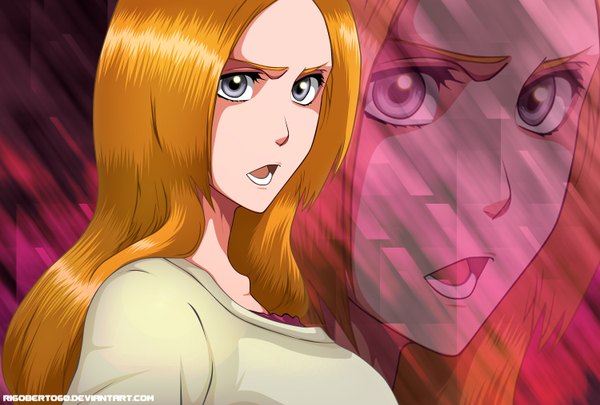 Anime picture 1500x1014 with bleach studio pierrot inoue orihime rigoberto60 single long hair open mouth blue eyes orange hair coloring portrait face zoom layer girl