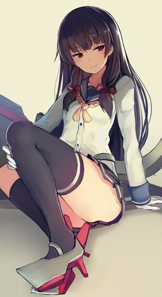 Anime picture 492x900 with kantai collection isokaze destroyer nakaichi (ridil) single long hair tall image blush fringe light erotic black hair simple background smile red eyes sitting looking away full body bent knee (knees) head tilt pleated skirt arm support
