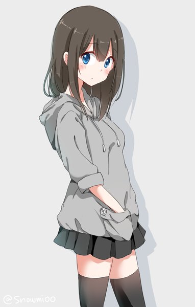 Anime picture 1375x2155 with original snowmi single long hair tall image looking at viewer blush fringe blue eyes black hair simple background standing white background pleated skirt shadow hand in pocket girl thighhighs skirt black thighhighs