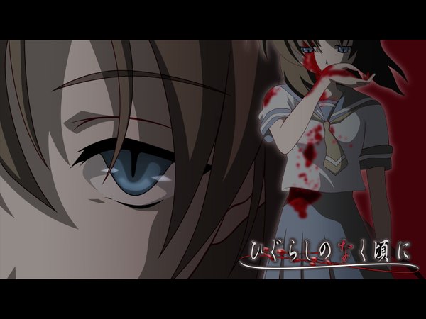 Anime picture 1600x1200 with higurashi no naku koro ni studio deen ryuuguu rena looking at viewer fringe highres blue eyes hair between eyes pleated skirt inscription short sleeves copyright name looking down close-up face covered mouth blood on face bloody clothes girl skirt