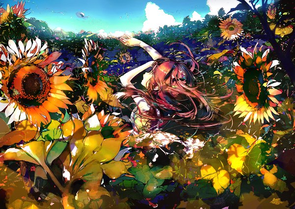 Anime picture 1214x860 with original untan single long hair open mouth sky cloud (clouds) red hair black eyes sunlight looking up sunbeam nature weightlessness girl flower (flowers) ribbon (ribbons) hat hat ribbon sunflower