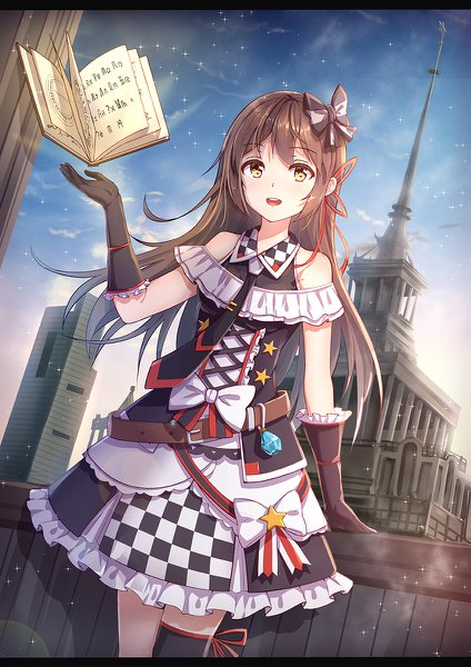 Anime picture 848x1200 with original byakuya reki single long hair tall image looking at viewer fringe open mouth smile brown hair standing yellow eyes sky outdoors :d dutch angle sleeveless letterboxed architecture girl