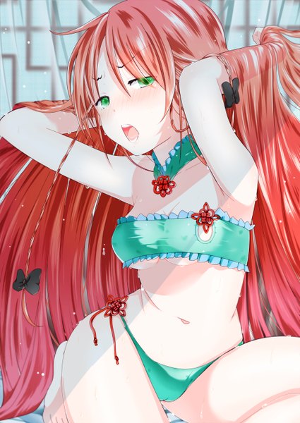 Anime picture 1000x1412 with touhou hong meiling yamada ranga single long hair tall image looking at viewer blush open mouth light erotic sitting bare shoulders green eyes red hair braid (braids) barefoot bare belly wet underwear only twin braids