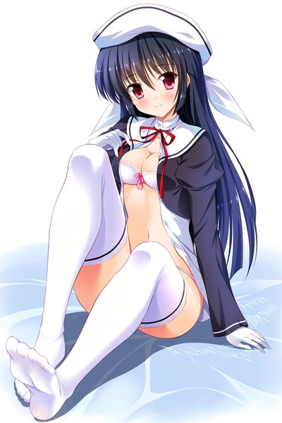 Anime picture 1300x1950 with ef a fairy tale of the two amamiya yuuko bashen chenyue single long hair tall image looking at viewer blush fringe breasts light erotic black hair hair between eyes red eyes sitting full body light smile open shirt legs girl