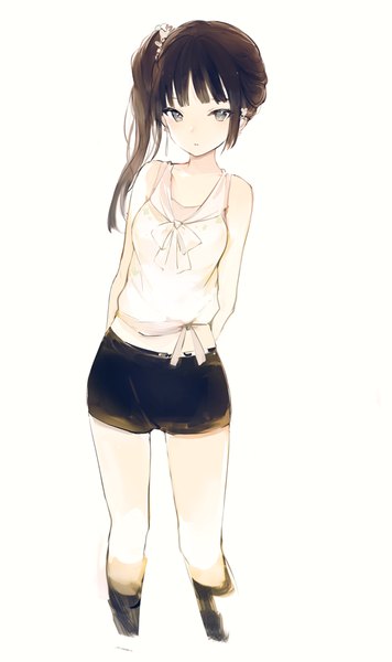 Anime picture 594x1000 with original lpip single long hair tall image looking at viewer blush fringe simple background brown hair bare shoulders grey eyes sleeveless side ponytail hands behind back girl shorts scrunchie single earring