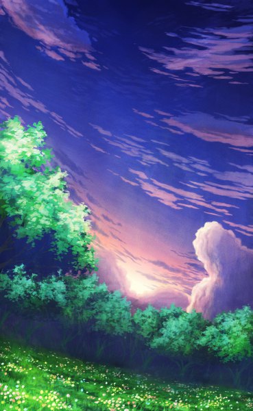 Anime picture 677x1100 with original aoha (twintail) tall image sky cloud (clouds) no people landscape nature twilight plant (plants) tree (trees) forest