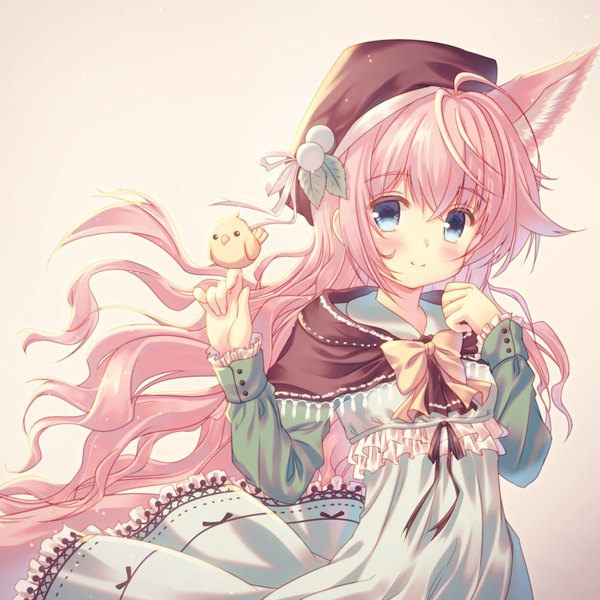 Anime picture 838x838 with original misaki yuu (dstyle) single long hair looking at viewer blush fringe blue eyes simple background smile hair between eyes animal ears payot pink hair ahoge upper body grey background fox ears floating hair fox girl