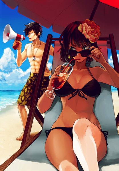 Anime picture 556x800 with one-punch man madhouse fubuki (one-punch man) snake (one-punch man) matatabi nia tall image fringe short hair breasts light erotic black hair bare shoulders green eyes looking away cloud (clouds) nail polish hair flower fingernails black eyes shadow