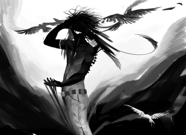 Anime picture 1280x927 with original sakimichan monochrome muscle boy animal belt bird (birds) pants feather (feathers)
