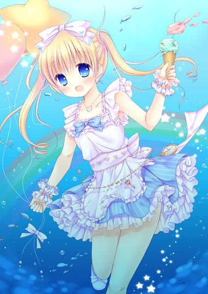 Anime picture 800x1130 with original mizuse ruka single long hair tall image looking at viewer blush blue eyes blonde hair twintails sparkle girl dress bow hair bow food frills sweets star (symbol) ice cream