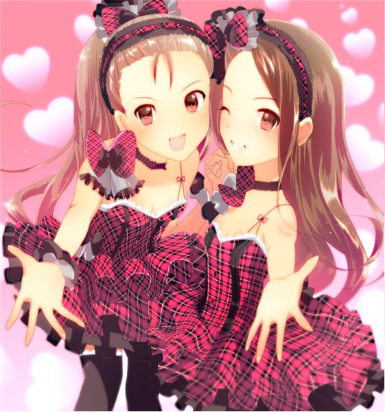 Anime picture 1194x1276 with idolmaster minase iori long hair tall image open mouth red eyes brown hair multiple girls one eye closed wink outstretched arm holding hands girl dress bow 2 girls heart hairband