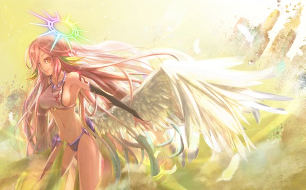 Anime picture 1335x832 with no game no life madhouse jibril (no game no life) akamimi single looking at viewer breasts light erotic wide image pink hair very long hair bare belly orange eyes low wings girl navel underwear panties wings feather (feathers)