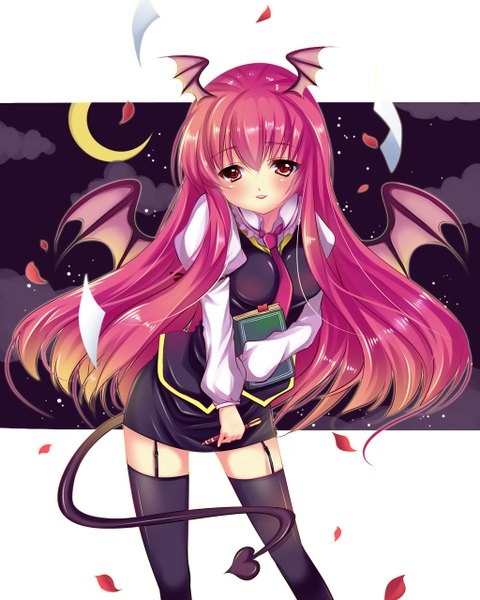 Anime picture 1024x1280 with touhou koakuma usagihime tall image blush fringe hair between eyes red eyes standing pink hair tail demon girl thighhighs skirt petals book (books) moon skirt set