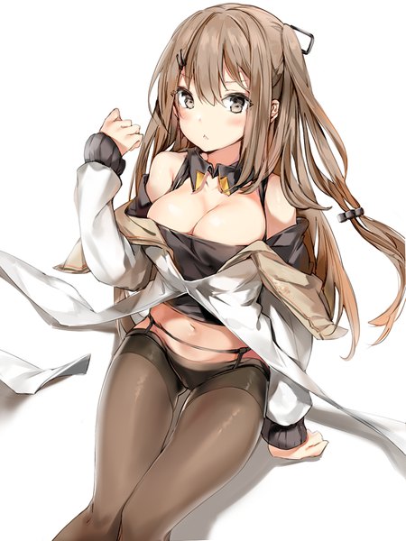 Anime picture 900x1200 with girls frontline k-2 (girls frontline) silver (chenwen) single long hair tall image looking at viewer blush fringe breasts light erotic simple background hair between eyes brown hair white background bare shoulders brown eyes cleavage off shoulder arm support