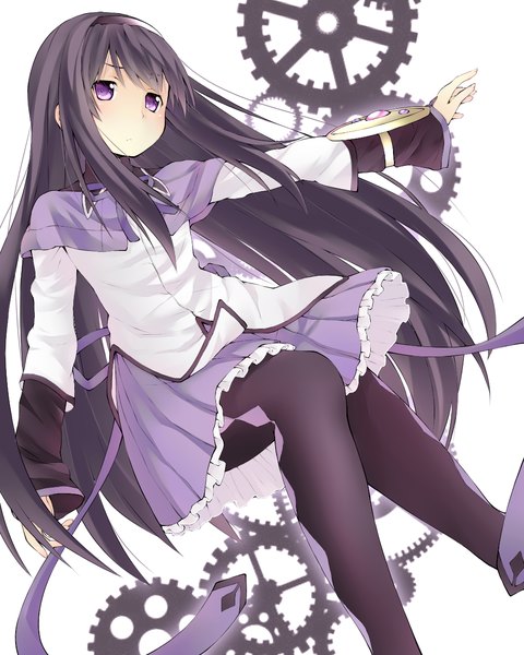 Anime picture 992x1240 with mahou shoujo madoka magica shaft (studio) akemi homura xayux single long hair tall image looking at viewer black hair simple background white background purple eyes magical girl girl skirt ribbon (ribbons) pantyhose frills hairband gears