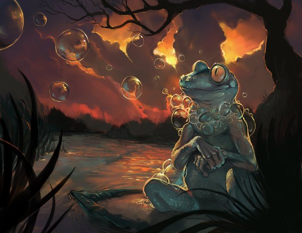 Anime picture 1280x989 with pokemon nintendo froakie rajewel (artist) single smile yellow eyes sky evening sunset gen 6 pokemon plant (plants) animal tree (trees) water grass bubble (bubbles) frog swamp