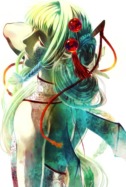 Anime picture 1200x1779 with original fasna single long hair tall image fringe open mouth simple background blonde hair red eyes white background bare shoulders braid (braids) looking back multicolored hair pointy ears aqua hair teeth piercing back