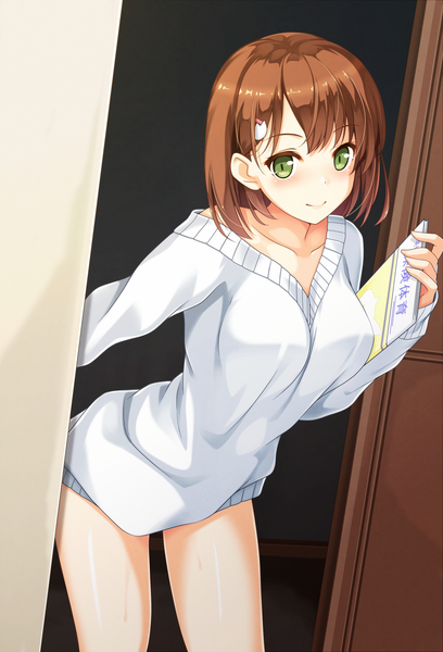 Anime picture 1190x1750 with original uzuki hiro single tall image looking at viewer blush short hair light erotic brown hair green eyes arched back girl sweater