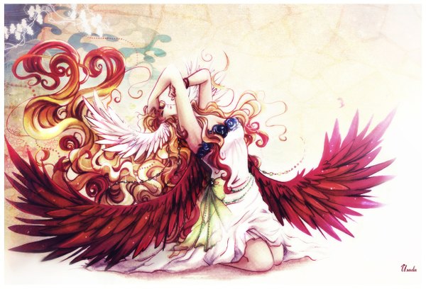 Anime picture 1226x835 with mythology greek mythology eos (mythology) red-priest-usada single long hair blonde hair signed red hair eyes closed very long hair kneeling border head wings girl dress flower (flowers) bow plant (plants) wings