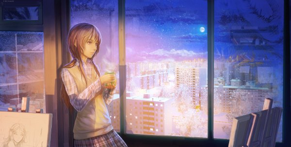 Anime picture 2500x1265 with original arsenixc single long hair highres wide image twintails pink hair cloud (clouds) pink eyes leaning low twintails snowing reflection winter snow cityscape scenic steam plaid