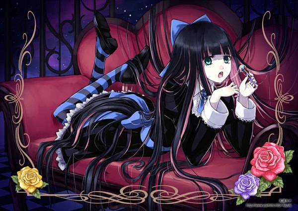 Anime picture 1000x707 with panty & stocking with garterbelt anarchy stocking kazuharu kina single long hair looking at viewer open mouth black hair green eyes lying very long hair multicolored hair two-tone hair colored inner hair eating saliva framed legs up goth-loli gothic