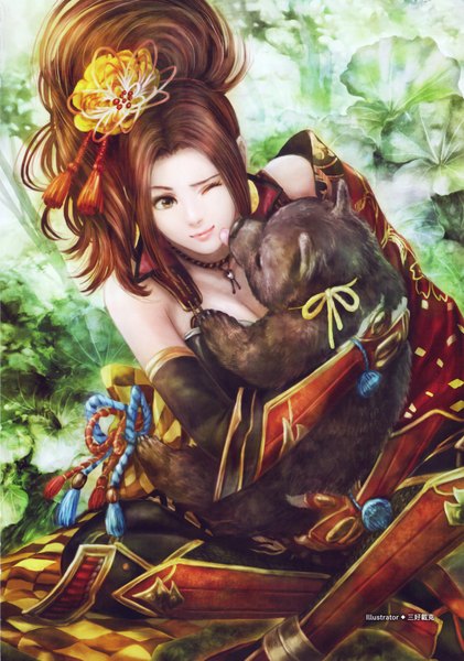 Anime picture 3264x4655 with sengoku musou kaihime midori foo long hair tall image highres breasts brown hair large breasts sitting holding brown eyes absurdres cleavage outdoors one eye closed hair flower wink scan hug