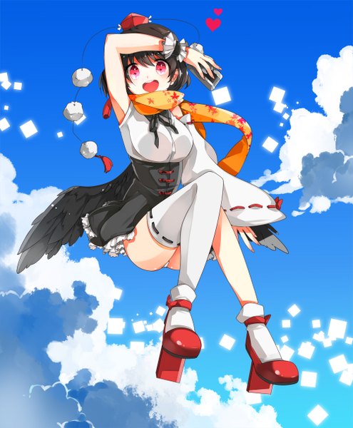 Anime picture 1000x1210 with touhou shameimaru aya dasulchan single tall image blush short hair open mouth light erotic black hair cloud (clouds) pink eyes pantyshot girl thighhighs hat white thighhighs wings heart scarf