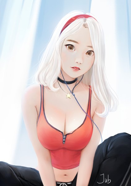 Anime picture 2480x3508 with original mio (jubi) jubi (regiana) single long hair tall image looking at viewer highres breasts light erotic brown hair large breasts signed cleavage white hair parted lips realistic midriff lipstick red lipstick