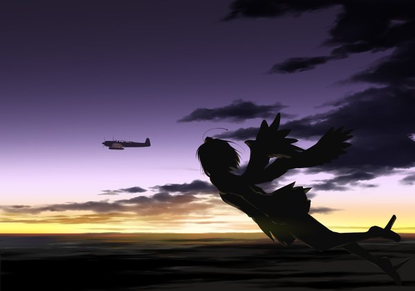 Anime picture 1280x900 with touhou shameimaru aya rokuwata tomoe single sky cloud (clouds) flying landscape silhouette girl wings aircraft airplane
