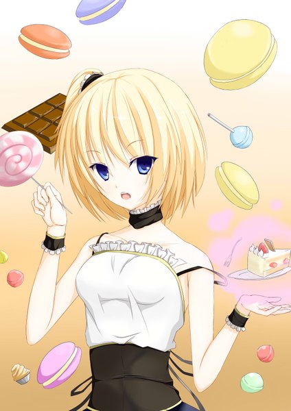 Anime picture 2480x3507 with original karakura0 single tall image looking at viewer highres short hair open mouth blue eyes blonde hair sleeveless girl food sweets cake lollipop chocolate cookie (cookies) macaron