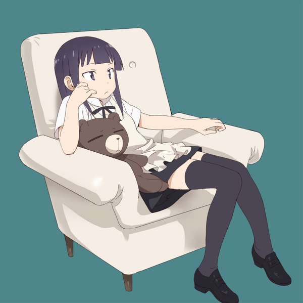 Anime picture 1502x1500 with working!! a-1 pictures yamada aoi daisy (working!!) nse single long hair simple background sitting purple eyes looking away purple hair full body waitress aqua background girl thighhighs skirt black thighhighs shirt
