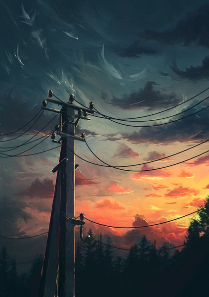 Anime picture 2500x3542 with original sylar113 tall image highres sky cloud (clouds) outdoors sunlight evening sunset no people plant (plants) tree (trees) forest sun power lines