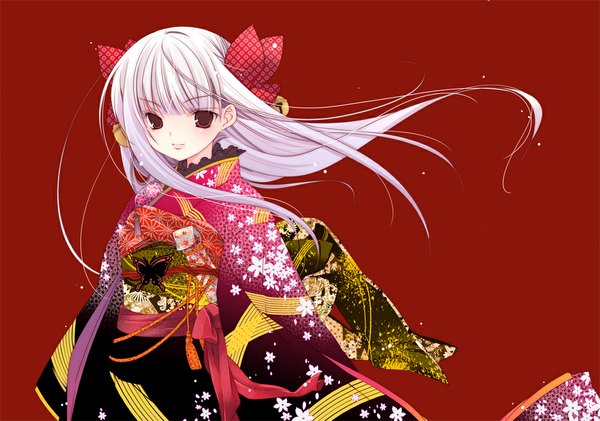 Anime picture 1075x756 with princess of vampire princess of vampire (character) kirino kasumu single long hair red eyes white hair japanese clothes wind wallpaper red background girl bow hair bow kimono bell