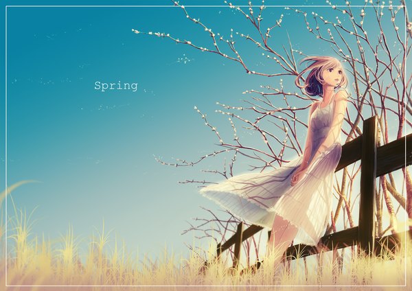 Anime picture 2046x1447 with original samidare (okayou) single fringe highres short hair open mouth red eyes brown hair bare shoulders looking away sky light smile inscription spring girl dress flower (flowers) plant (plants) white dress