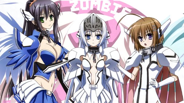 Anime picture 2560x1440 with kore wa zombie desu ka? studio deen eucliwood hellscythe haruna (zombie) seraphim (zombie) long hair highres short hair black hair brown hair wide image purple eyes multiple girls green eyes white hair cosplay parody girl armor 3 girls