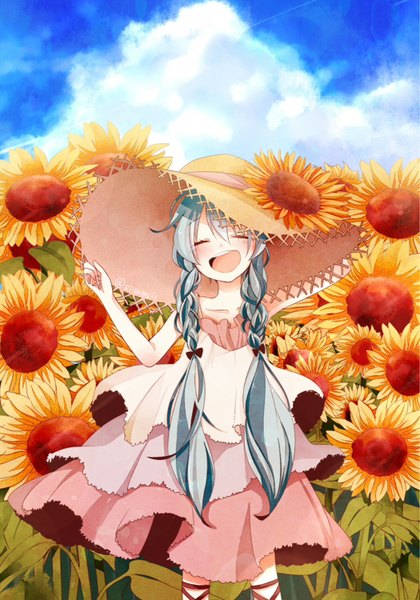 Anime picture 1050x1500 with vocaloid hatsune miku shii (cocoa) single long hair tall image blush fringe open mouth smile hair between eyes standing signed sky cloud (clouds) outdoors braid (braids) eyes closed head tilt :d