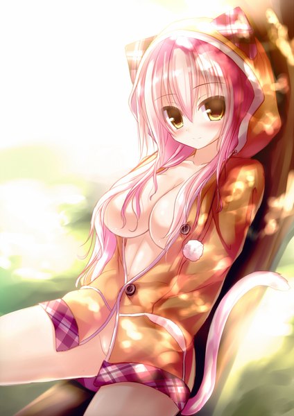 Anime picture 1413x2000 with original shia flatpaddy syroh single long hair tall image blush breasts light erotic animal ears yellow eyes pink hair cat ears cat girl cat tail girl hood