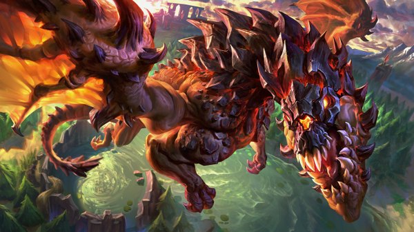 Anime picture 1280x720 with league of legends mike azevedo cesar rosolino single wide image from above fang (fangs) wallpaper no people landscape fantasy rock collaboration wings water dragon spikes