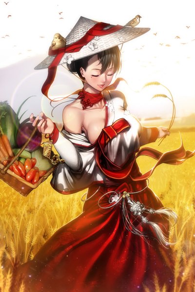 Anime picture 1000x1500 with devil maker original rheez (artist) single tall image fringe short hair breasts light erotic black hair large breasts bare shoulders holding sky cleavage eyes closed traditional clothes wind sunlight mole