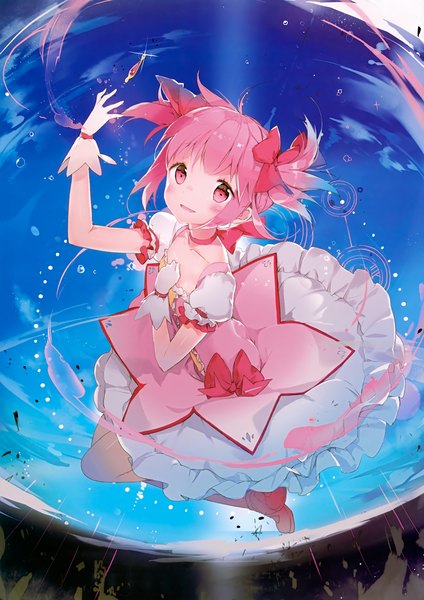 Anime picture 2824x4000 with mahou shoujo madoka magica shaft (studio) kaname madoka anmi single tall image blush highres short hair twintails pink hair pink eyes scan short twintails girl dress gloves bow hair bow
