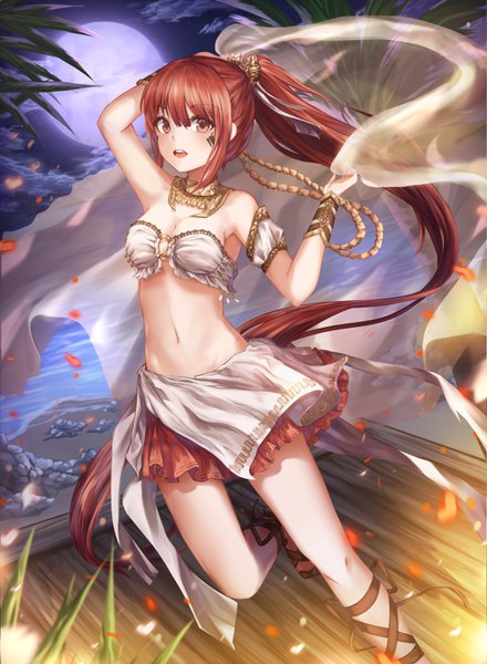 Anime picture 2200x3000 with original gya (144) single tall image fringe highres open mouth light erotic hair between eyes red eyes payot ponytail red hair very long hair bare belly tattoo girl navel petals sea