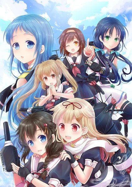 Anime picture 708x1000 with kantai collection shigure destroyer yuudachi destroyer murasame destroyer samidare destroyer shiratsuyu destroyer suzukaze destroyer long hair tall image blush short hair open mouth blue eyes black hair blonde hair smile red eyes brown hair multiple girls green eyes