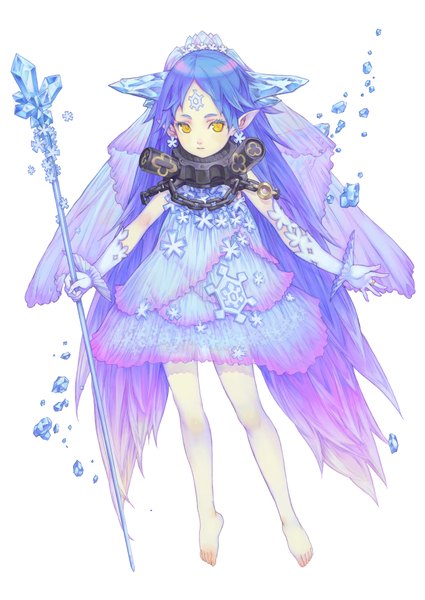 Anime picture 2580x3642 with avalon code neaki haccan long hair tall image highres simple background white background blue hair barefoot pointy ears orange eyes elf girl gloves chain staff ice
