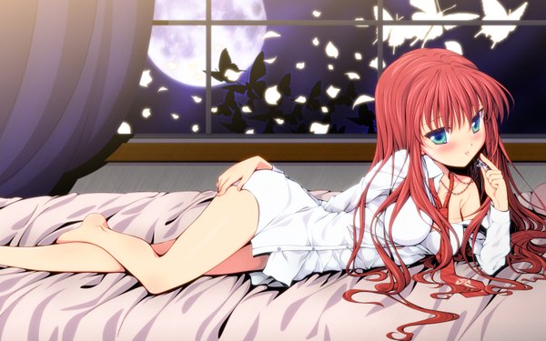 Anime picture 2976x1860 with sister princess zexcs chikage (sister princess) schneider117 single long hair blush highres light erotic wide image green eyes red hair lying girl shirt petals window insect butterfly moon