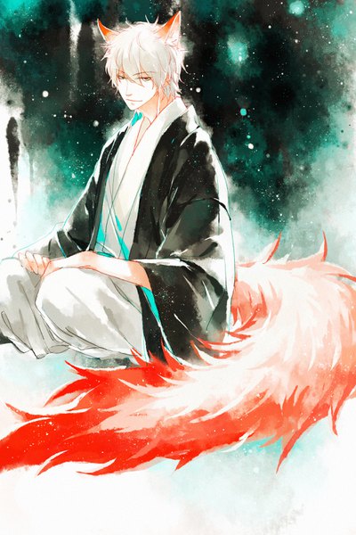 Anime picture 2000x3000 with gintama sunrise (studio) sakata gintoki twylway single tall image looking at viewer highres short hair red eyes sitting animal ears bent knee (knees) white hair tail traditional clothes japanese clothes animal tail light smile fox ears