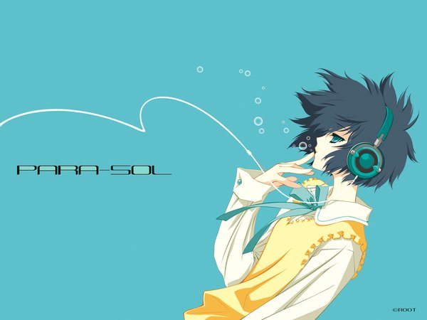 Anime picture 1600x1200 with para-sol yatabe miu carnelian single short hair black hair simple background upper body long sleeves parted lips profile aqua eyes wallpaper copyright name finger to mouth pale skin aqua background girl uniform bow