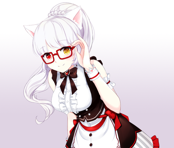 Anime picture 1000x851 with elsword rom single long hair looking at viewer blush fringe breasts simple background smile red eyes large breasts white background bare shoulders animal ears yellow eyes white hair ponytail cat ears cat girl